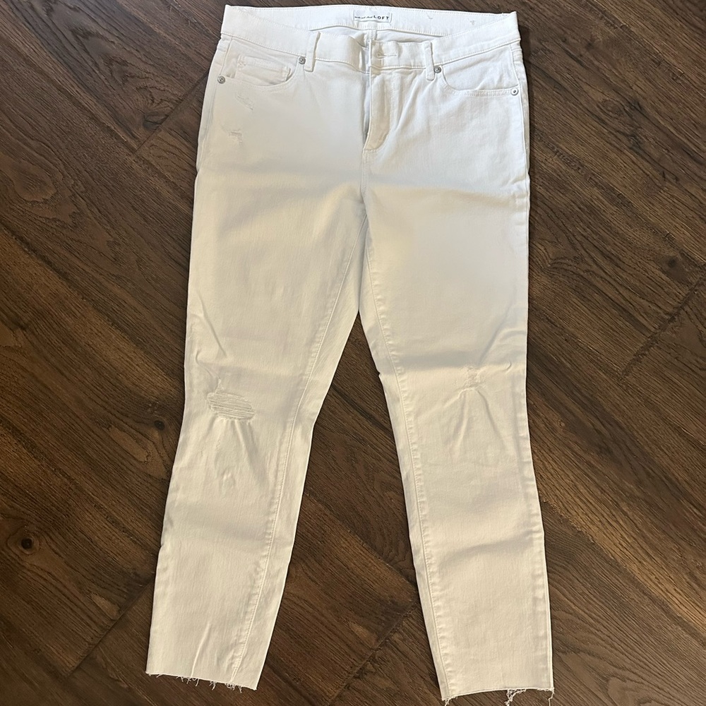 Loft White Ankle Crop Distressed Skinny Jeans